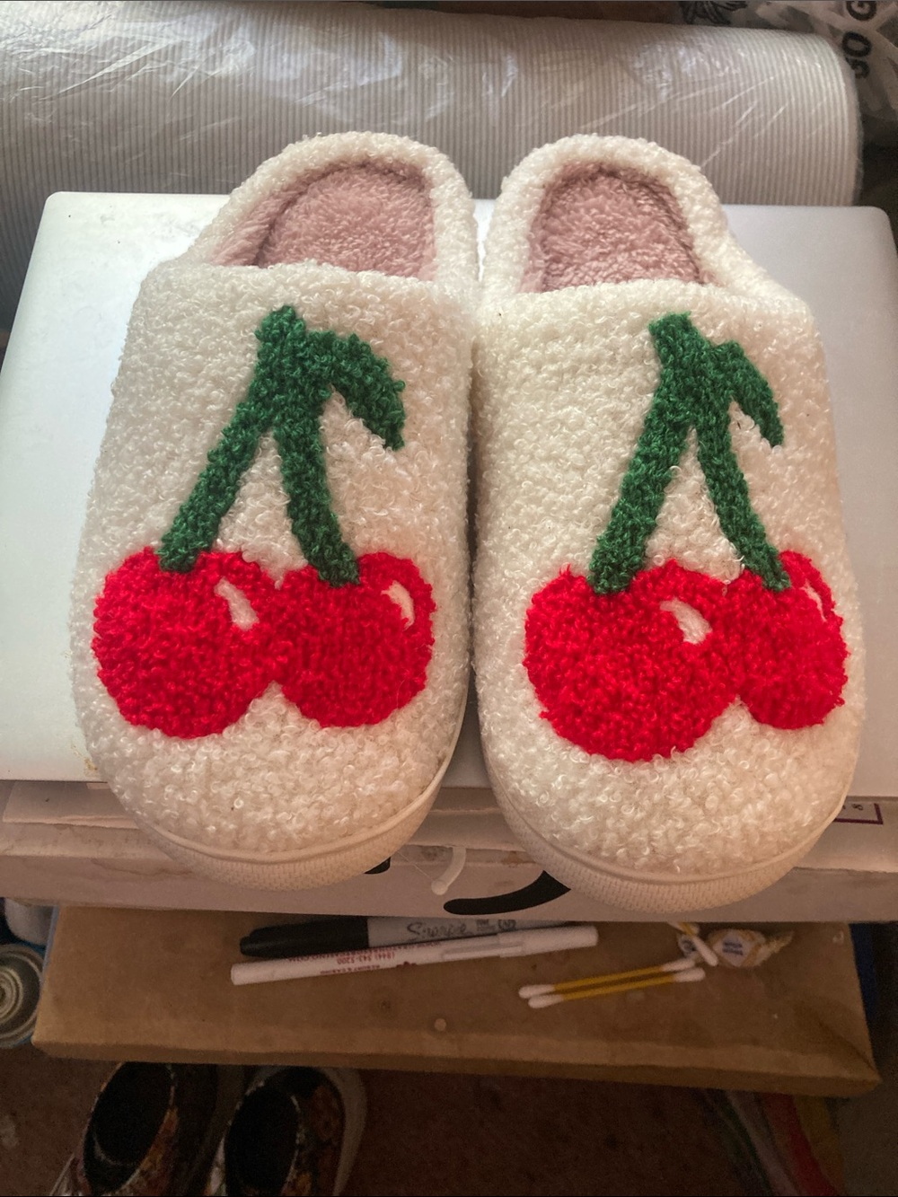 Women White Sherpa Slip-On Slippers with Red Cherry Design